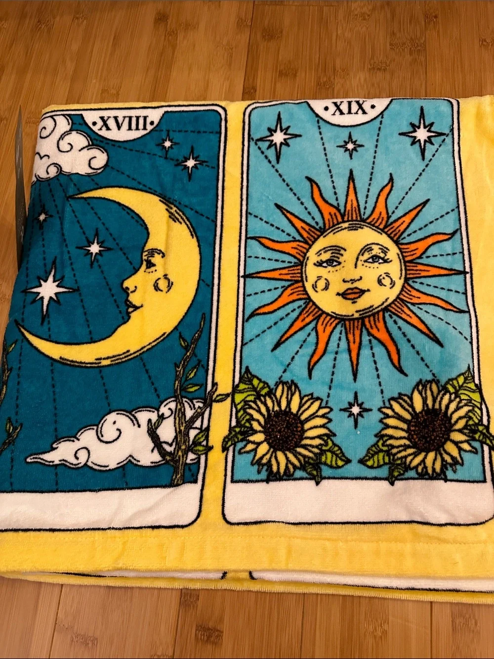 Celestial Sun & Moon Yellow Beach Towel by Deborah Gregory Designs